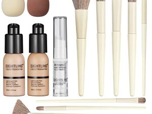 SIGHTLING 30ml Foundation Liquid Full Coverage 24HR Matte Oil Control Concealer (Nude & Buff Beige) with 6ml Face Primer & 10pcs Makeup Brushes Kit & Makeup Sponge