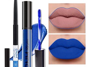 HAOYA 2 Pcs Matte Dark Blue Lip Liner and Lipstick Makeup Set