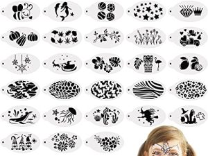 Jecery 36 Pcs Face Paint Stencils Reusable Makeup Temporary Tattoos Body Painting Mermaid Unicorn Leopard Tattoo Witch Ghost Pumpkin Skull Templates for Halloween (Fresh Style)