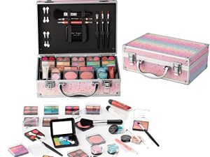 Hot Sugar Makeup Kit for Teenager Girls - Full Starter Cosmetics Set with Eye Shadow Lip Balm Blush Lip Gloss Brush Lip Pencil Eye Pencil and Mirror (Rainbow)