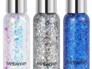 Body Glitter Gel Holographic Glitter Liquid for Festival Make Up 3 Colors Set Face Glitter Sequins Chunky for Hair and Eyeshadow(Blue