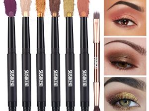 SUSIKEKI 6PCS Eyeshadow Stick + 1PC Double End Eyeshadow Brush Soft Creamy Matte Shimmer Eye Shadow Pencil Crayon High Pigmented Shiny Eyeshadow Pencil Waterproof Classy Eye Shadow Sticks Sets