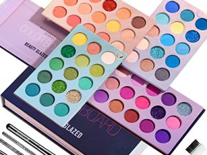 Beauty Glazed Eyeshadow Palette Color Board 60 Color Eye Shadow Palette Sets 4 in 1 Make Up Palate With Brushes Mattes Metallic Shimmers Violet Cream Makeup Pallet Long Lasting Easy to Apply