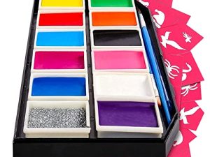 Colorful Art Co. Face Paint Kit for Kids - Pack of 12 Water-Based Paints with 3 Painting Brushes and 30 Stencils - Palette for Cosplay