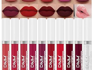 DNM 9Pcs Deep Red Black Matte Liquid Lipsticks + 1Pcs Clear Lip Plumping Plumper Gloss Makeup Set