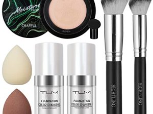 2PCS TLM 30ml Flawless Colour Changing Foundation Moisturizing Liquid Cover Concealer with Mushroom Head Air Cushion CC Cream Foundation & Kabuki Makeup Brushes & Makeup Sponge Blender Set
