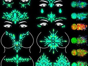 14 Sheets Glow in The Dark Face Jewels Body Gems and Chunky Glitter Noctilucent Face Gems Self Adhesive Luminous Face Stickers Rhinestone Tattoo for Halloween Party Makeup